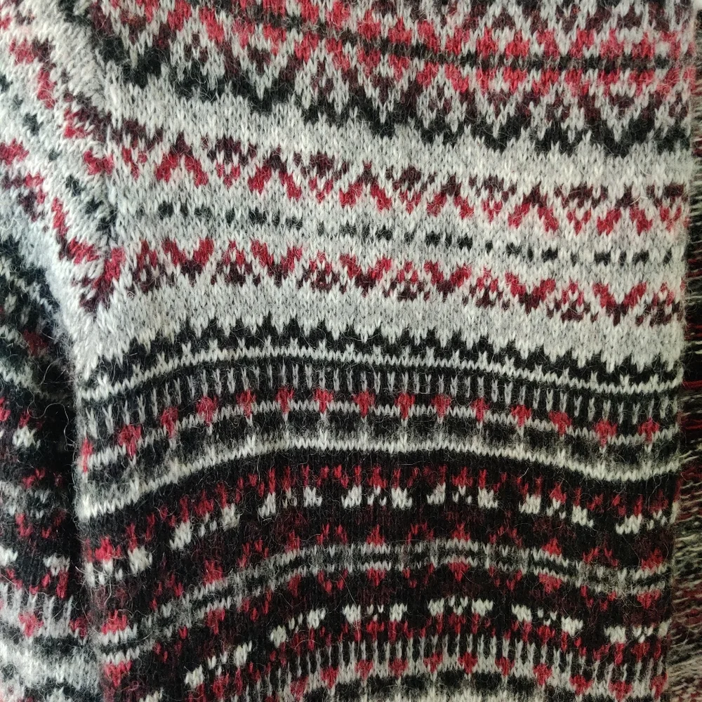 Ruff Hewn Fair Isle Open Wool Blend Petite Alpaca Mohair Fringe Cardigan EUC SP